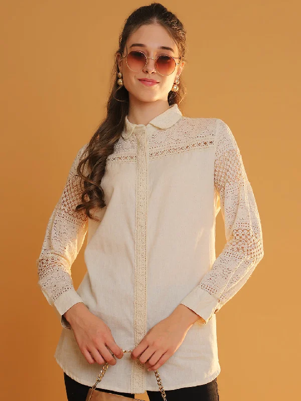 NOZ2TOZ Women's Off-White Lace-Detail Full Sleeves Shirt - Elegant & Timeless Boxy Fit Fitted Loose NOZ2TOZ Women's Off-White Lace-Detail Full Sleeves Shirt - Elegant & Timeless Boxy Fit Fitted Loose