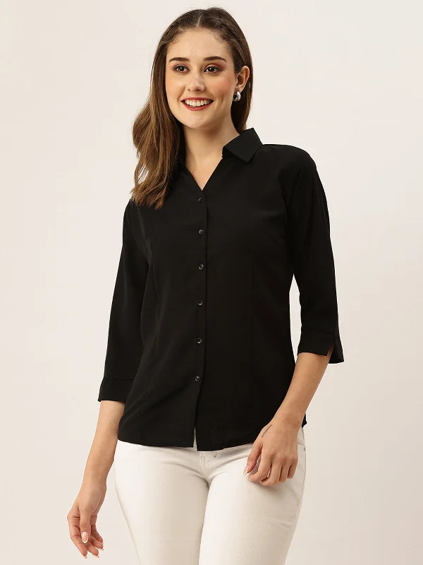 Odette Black Synthetic Solid Stitched Shirt For Women Front Pockets Side Pockets Patch Pockets Odette Black Synthetic Solid Stitched Shirt For Women Front Pockets Side Pockets Patch Pockets