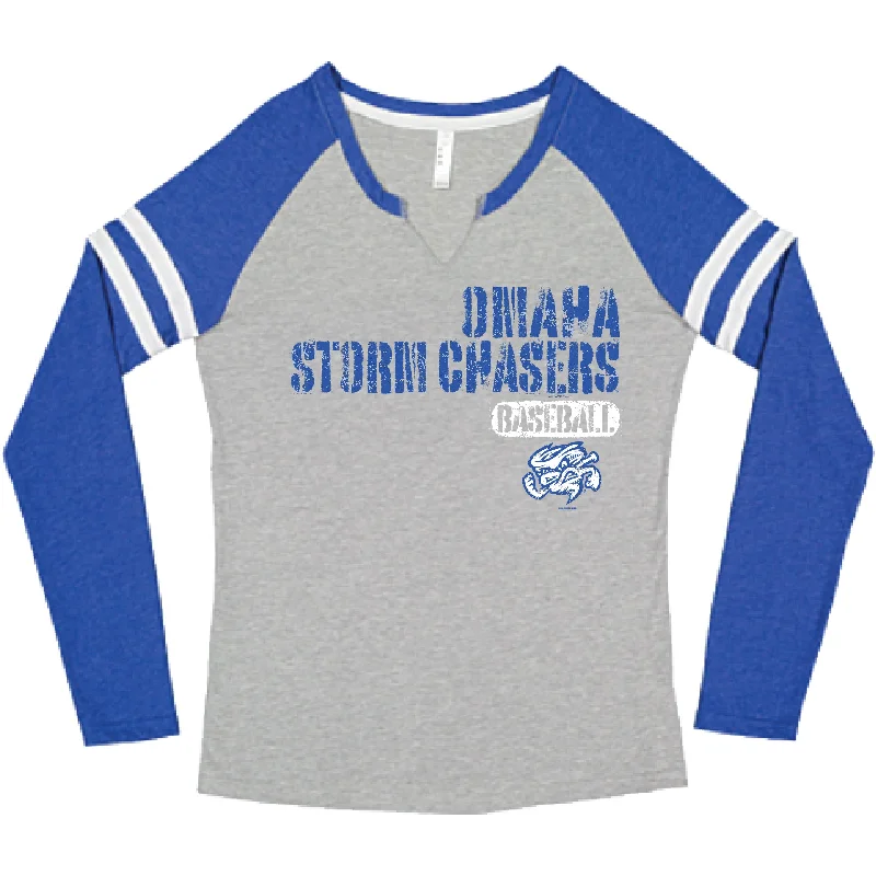 Omaha Storm Chasers Women's Bimm Ridder Heather Royal/White Historic LS Tee Hooded Caped Shawl Collar Omaha Storm Chasers Women's Bimm Ridder Heather Royal/White Historic LS Tee Hooded Caped Shawl Collar