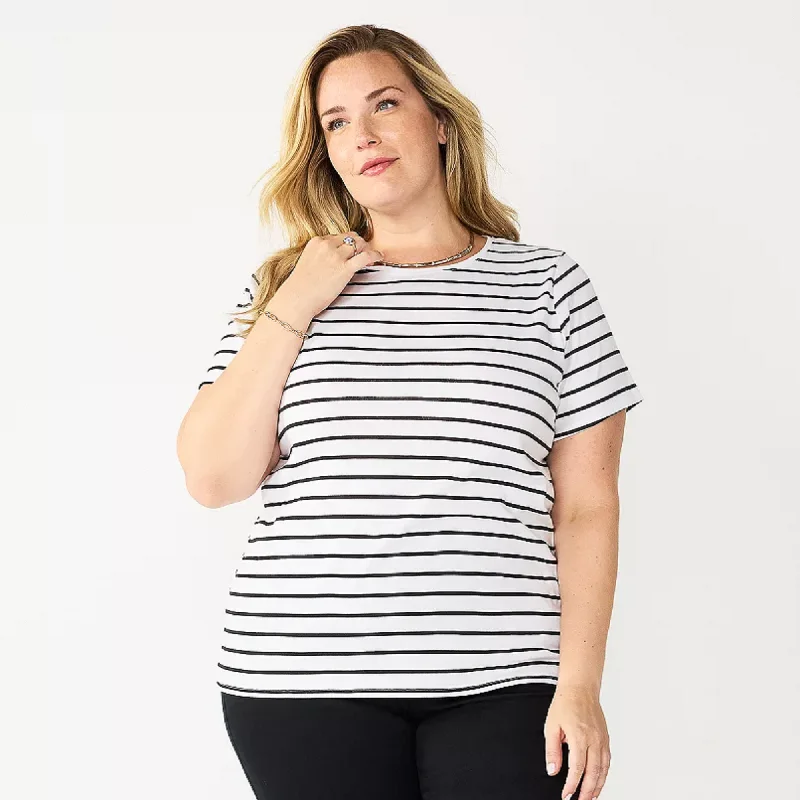 Plus Size Croft & Barrow® Essential Crewneck Tee Black & White Stripe Notch Collar Peter Pan Collar Cowl Neck Plus Size Croft & Barrow® Essential Crewneck Tee Black & White Stripe Notch Collar Peter Pan Collar Cowl Neck