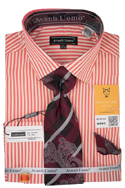 Red and White Striped French Cuff Dress Shirt Set with Tie, Cuff Links and Pocket Square Graphic T-Shirt Round Neck Polyester Red and White Striped French Cuff Dress Shirt Set with Tie, Cuff Links and Pocket Square Graphic T-Shirt Round Neck Polyester