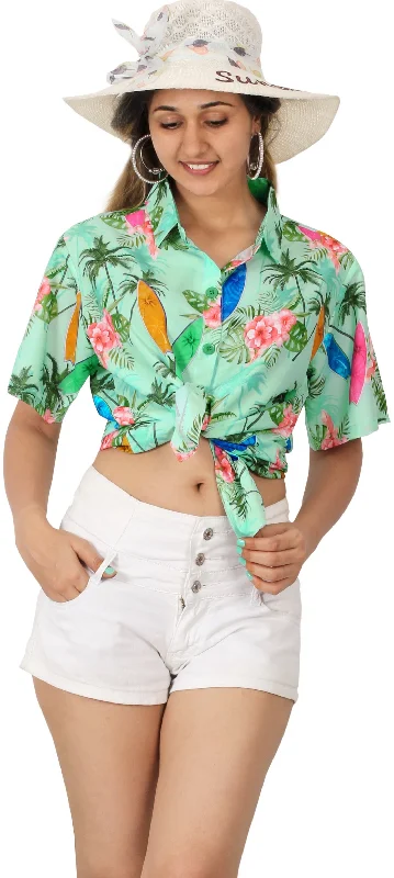Sea Green Palm Tree and Floral Printed Hawaiian Shirts for Women Mesh Blend Leather Blend Suede Blend Sea Green Palm Tree and Floral Printed Hawaiian Shirts for Women Mesh Blend Leather Blend Suede Blend