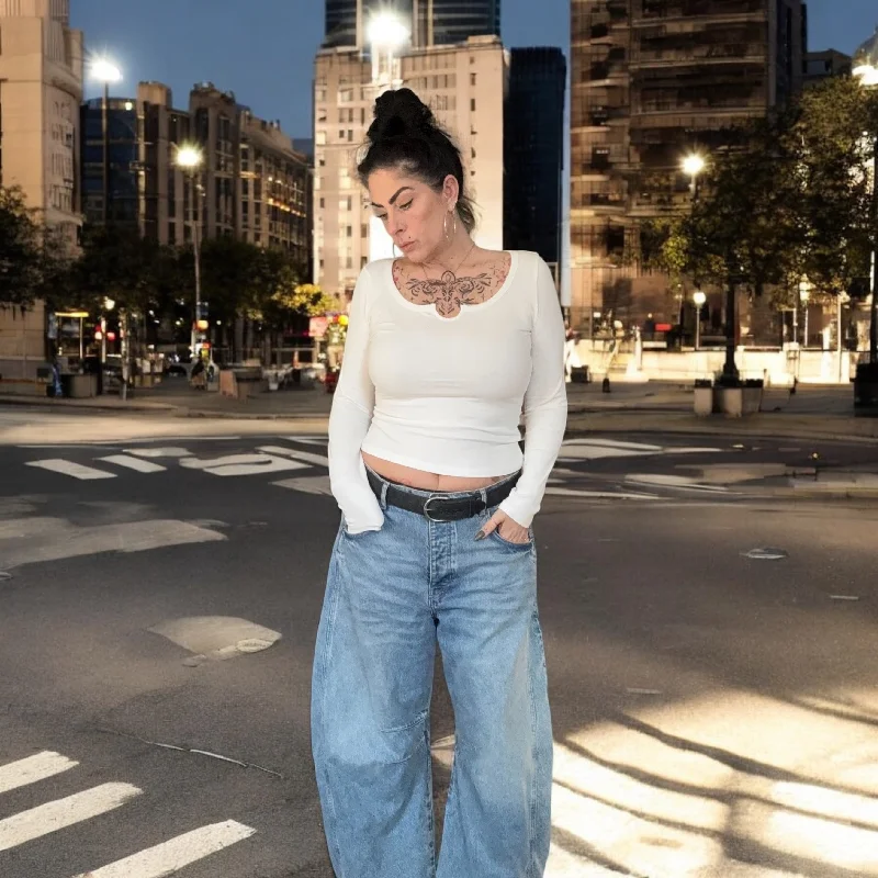 Women’s Ribbed Long Sleeve U-Neck Notched Neckline Tee Nylon Fabric Polyester Fabric Spandex Fabric Women’s Ribbed Long Sleeve U-Neck Notched Neckline Tee Nylon Fabric Polyester Fabric Spandex Fabric