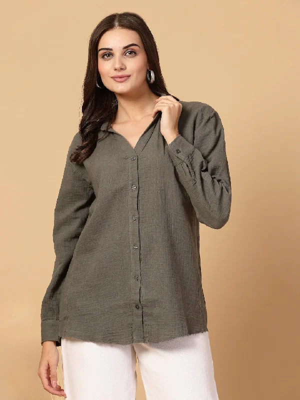 SMERA MART Women's Double Cloth Cotton Oversized Solid Casual Shirt for Women - Olive Modern Contemporary Chic SMERA MART Women's Double Cloth Cotton Oversized Solid Casual Shirt for Women - Olive Modern Contemporary Chic