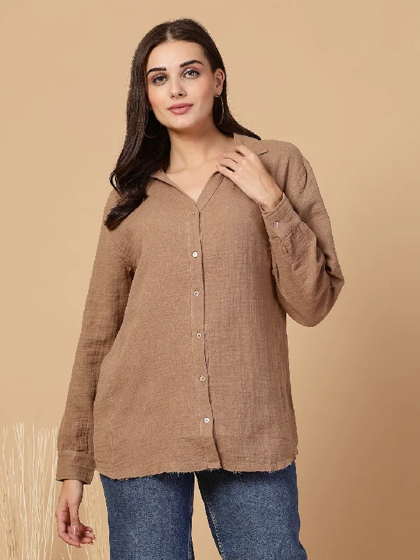 SMERA MART Women's Double Cloth Cotton Oversized Solid Casual Shirt for Women - Brown Spandex Blend Rayon Blend Denim Blend SMERA MART Women's Double Cloth Cotton Oversized Solid Casual Shirt for Women - Brown Spandex Blend Rayon Blend Denim Blend