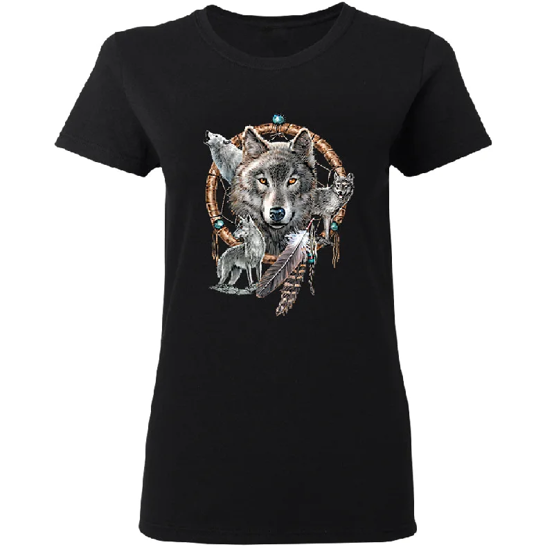 Zexpa Apparel™ Dreamcatcher Wovles Howling Tattoo Women's T-Shirt Denim Fabric Leather Fabric Suede Fabric Zexpa Apparel™ Dreamcatcher Wovles Howling Tattoo Women's T-Shirt Denim Fabric Leather Fabric Suede Fabric