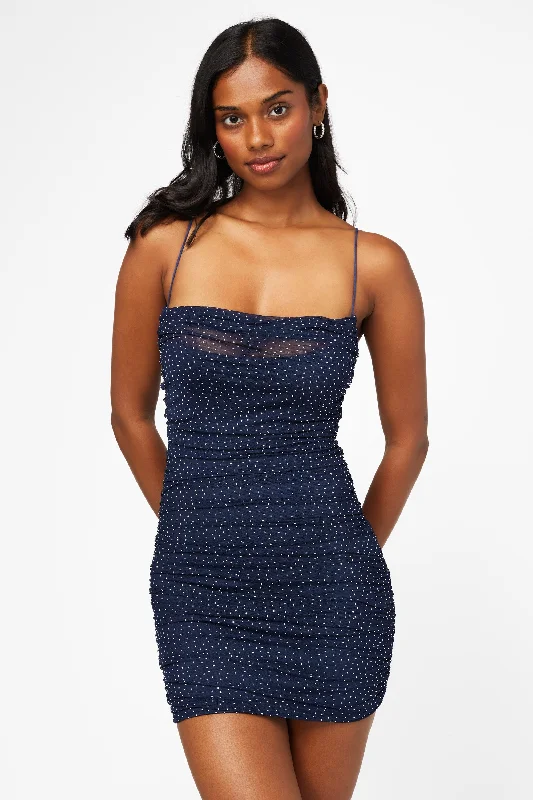 Beata Rhinestone Ruched Mesh Mini Dress Elegant Lace-Up Mini Dress