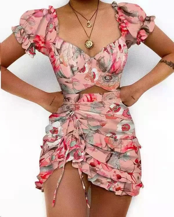 Hollow Out Printed V-neck Puff Short Sleeve Ruffle Trim Drawstring Mini Dress (4 colors) Comfortable Casual Mini Dress Hollow Out Printed V-neck Puff Short Sleeve Ruffle Trim Drawstring Mini Dress (4 colors) Comfortable Casual Mini Dress