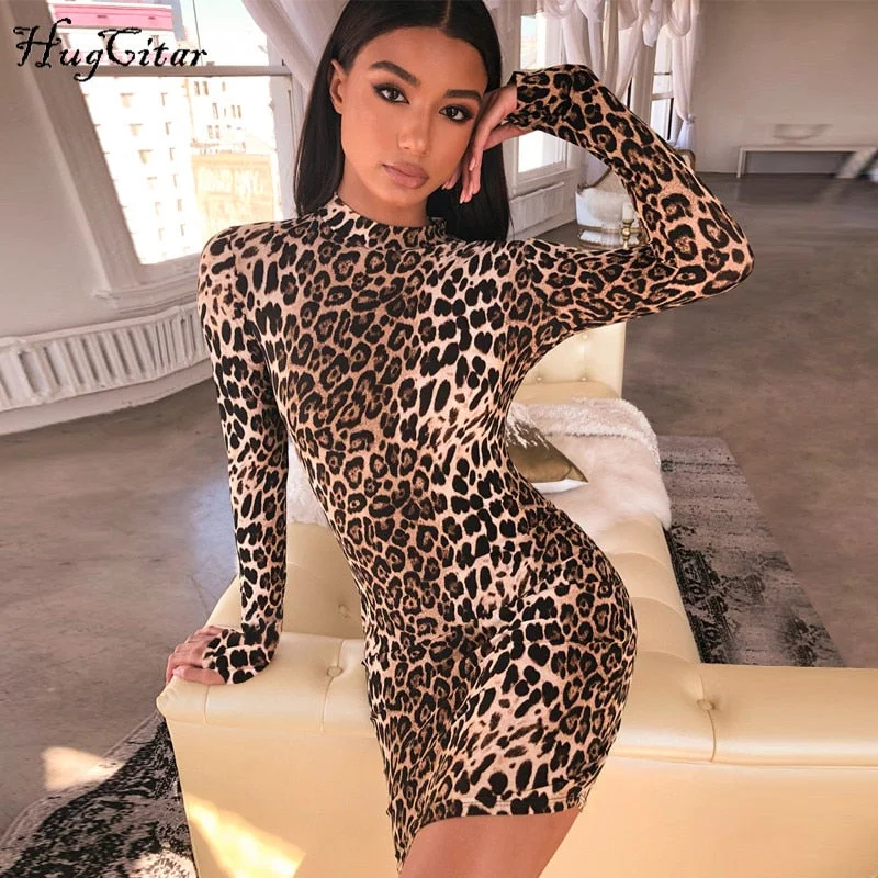 Hugcitar long sleeve high neck leopard print sexy bodycon mini dress 2019 autumn winter women fashion Christmas party clothes Fashionable Off-Shoulder Mini Dress Hugcitar long sleeve high neck leopard print sexy bodycon mini dress 2019 autumn winter women fashion Christmas party clothes Fashionable Off-Shoulder Mini Dress