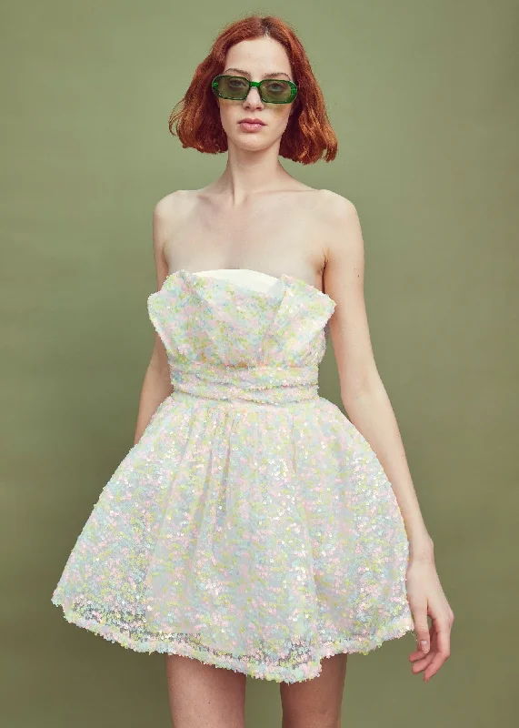Petite Callie Gathered Bandeau Mini Dress - Pastel Sequins Elegant Mini Dress with Ruffles Petite Callie Gathered Bandeau Mini Dress - Pastel Sequins Elegant Mini Dress with Ruffles