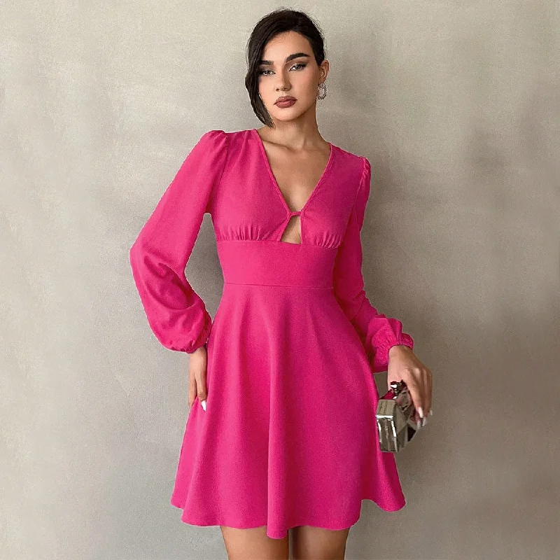 Rose Red V-neck Puff Sleeve A-line Smock Waist Mini Dress Fashionable Mini Dress with Frills Rose Red V-neck Puff Sleeve A-line Smock Waist Mini Dress Fashionable Mini Dress with Frills
