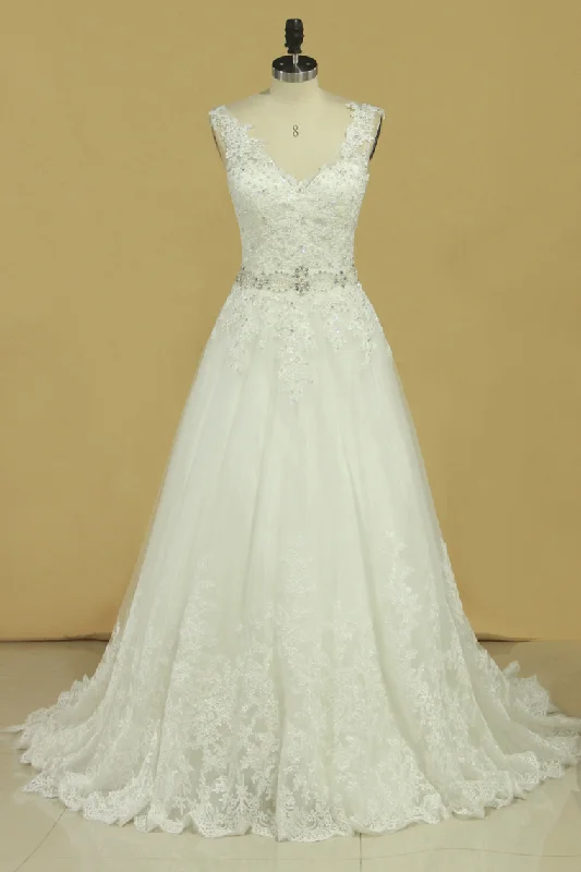 Bridal Dresses A Line V-Back Tulle Chapel Train V-Back Applique & Sash
