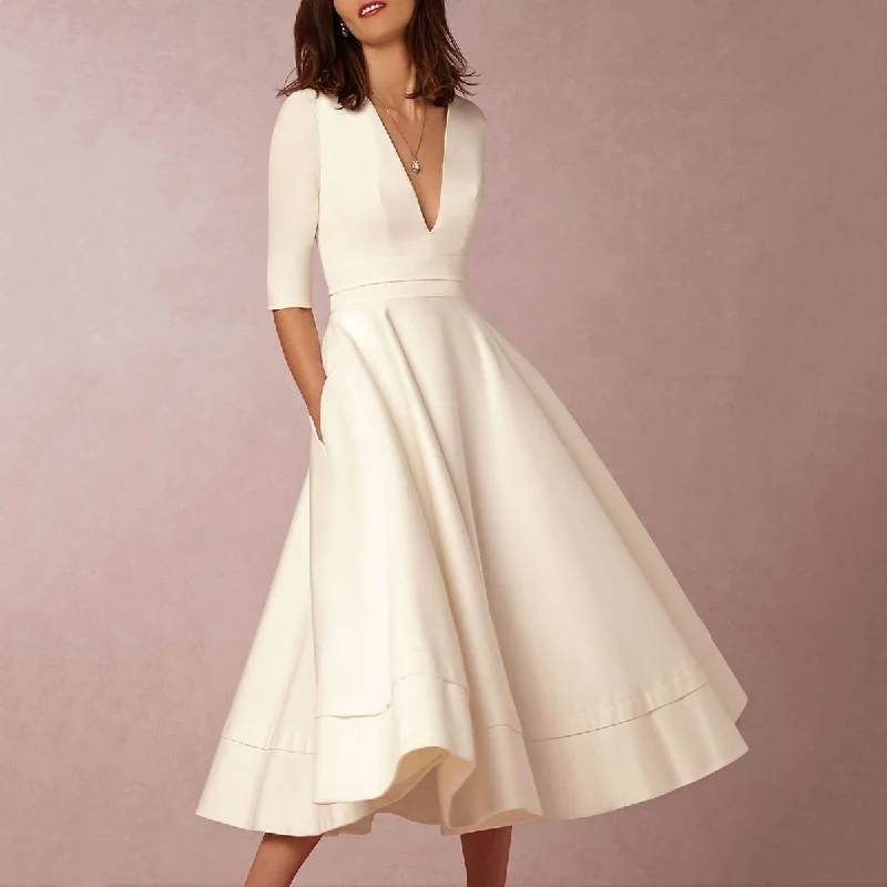 Women's Deep V-Neck Solid Skater Dress