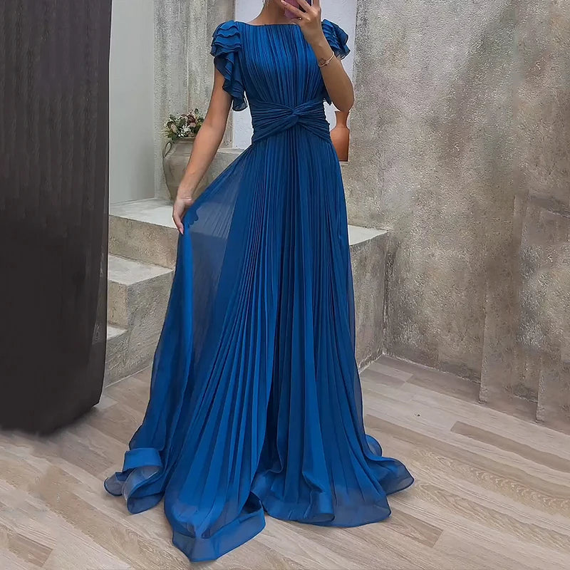 Darianrojas  -  Women Maxi Dress Elegant Lady O Neck Short Ruffled Sleeve A Line Dress Female Simple Solid Nipped Waist Pleated Slim Party Dress