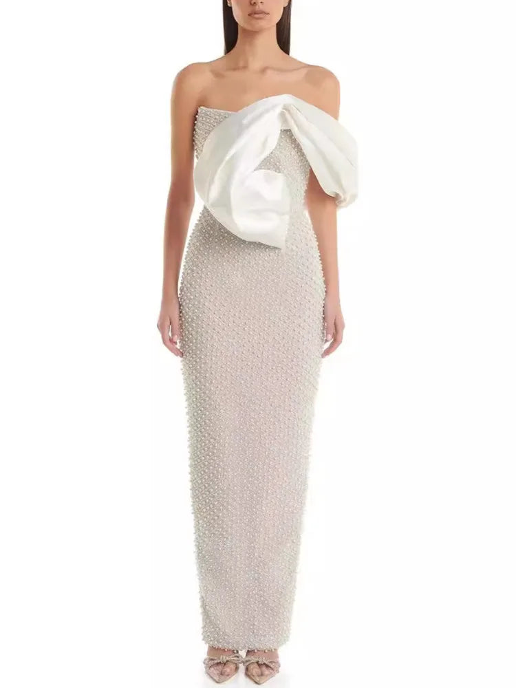 Elegant Strapless Pearl Patchwork Slim Evening Party Dress