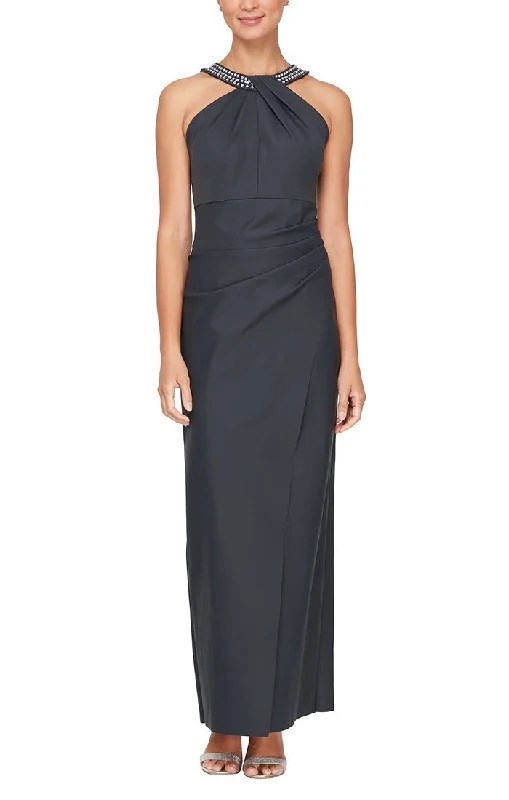 Long Halter Neck Column Dress With Embellishment at Neck and Overlay Skirt