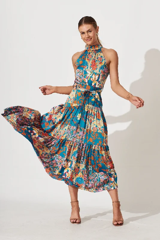 Khalo Dress In Blue Multi Patchwork Print