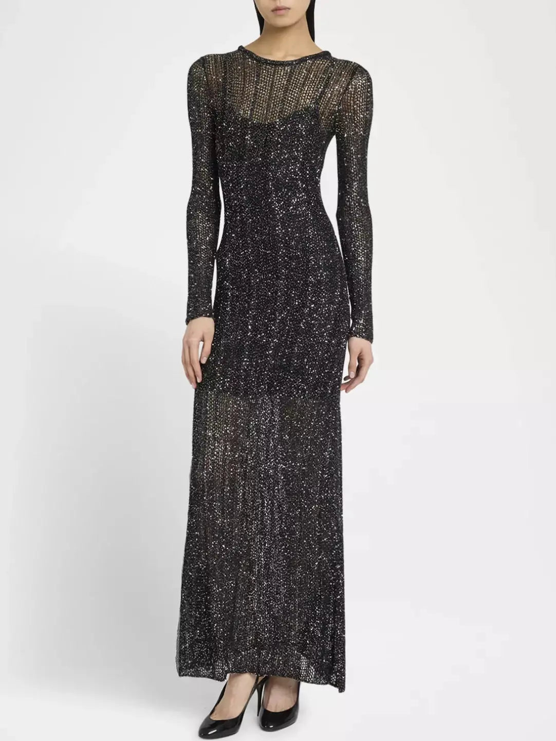 Knit Sheer Sequined Long Dress with Under-Slip