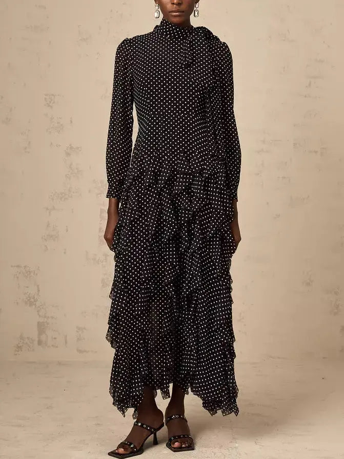 Long Black Ruffled Polka-Dot Tie-Neck Dress