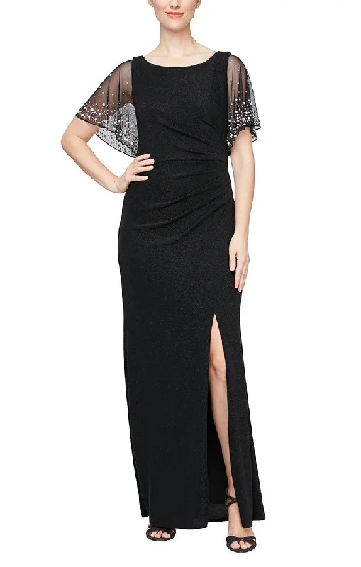 Embellished Flutter Sleeve Metallic Knit Dress with Ruched Waist Detail & Front Slit