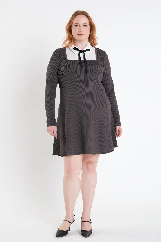English Factory - Plus Size Mixed Media Fit and Flare Sweater Dress