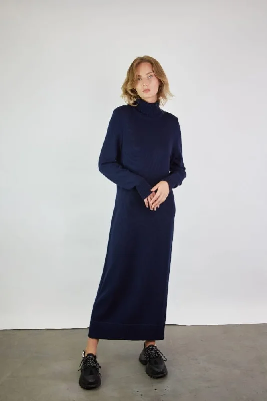 Turtleneck Knitted Merino Wool Sweater Dress Dark Blue