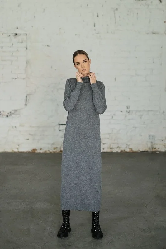 Turtleneck Knitted Merino Wool Sweater Dress Grey