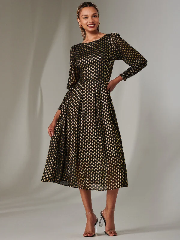 Puff Sleeve Gold Spotty Midaxi Dress, Black