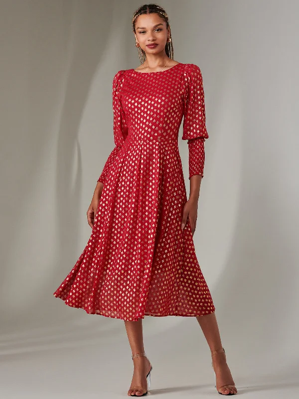 Puff Sleeve Gold Spotty Midaxi Dress, Dark Red