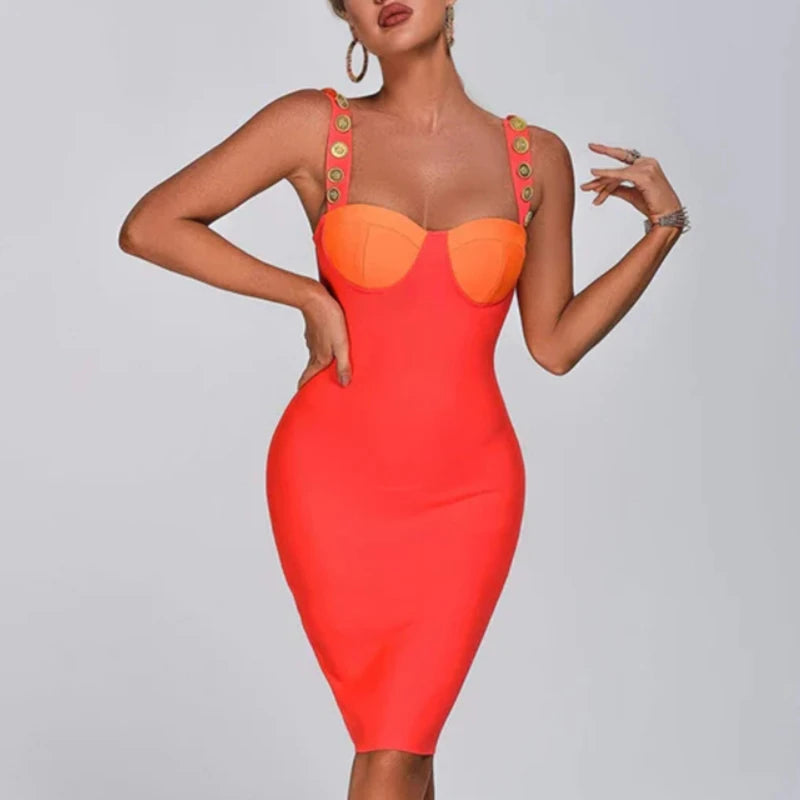Red Orange Button Bandage Dresses