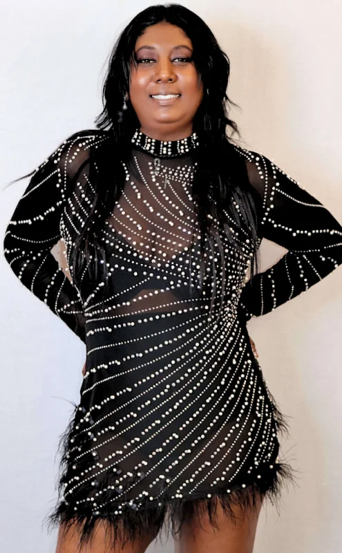 Rhinestone Sheer Mesh Feather Party Dress
