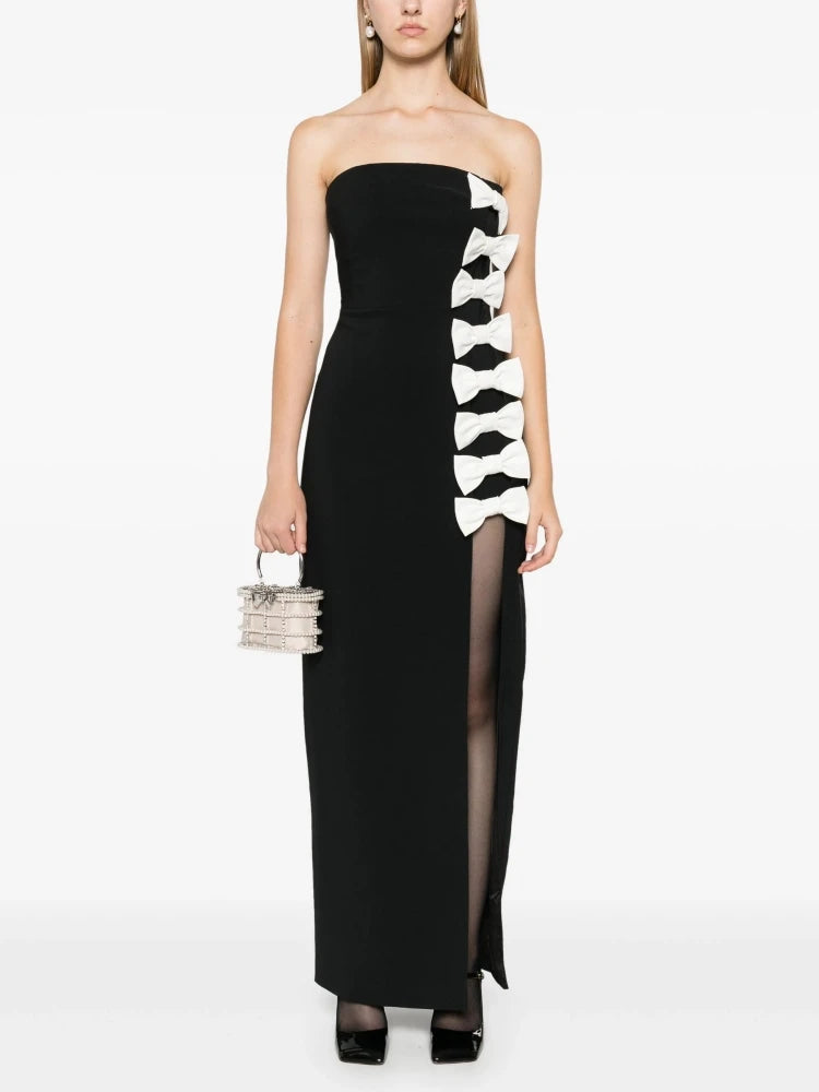 Strapless Bow Patchwork Split Long Dress