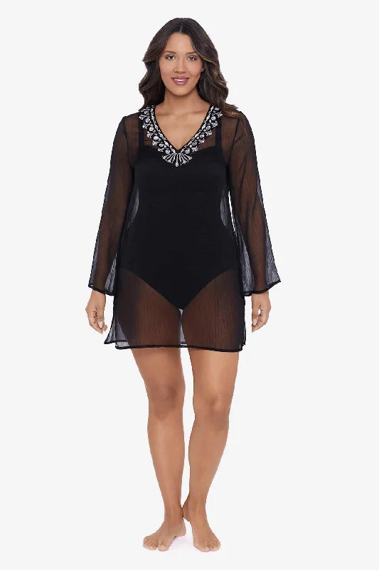Solid Embroidered Coverup Dress - Black