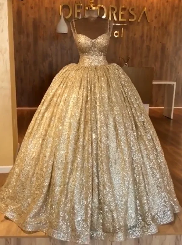 Spaghetti Straps Ball Gown Evening Dress | Gold Sparkle Sequins Luxury Formal Dress  BC0826