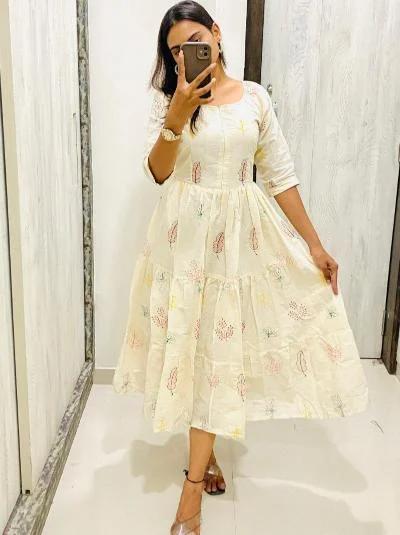 White Cotton Embroidered Dress 1Pc