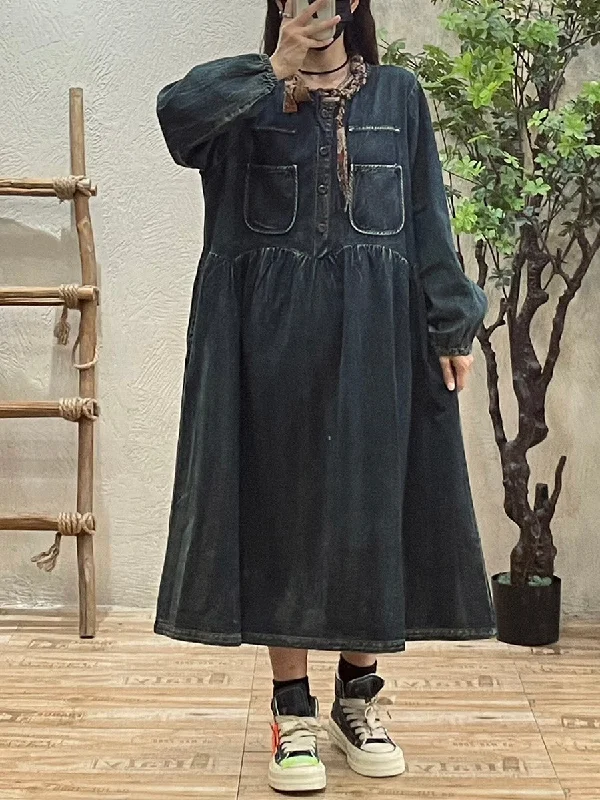 Women Autumn Solid O-Neck Denim A-Shape Dress