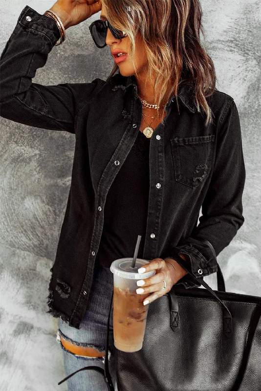 Long Sleeve Button-Down Black Ripped Denim Jean Jacket Satin Jacket Silk Jacket Chiffon Jacket Long Sleeve Button-Down Black Ripped Denim Jean Jacket Satin Jacket Silk Jacket Chiffon Jacket