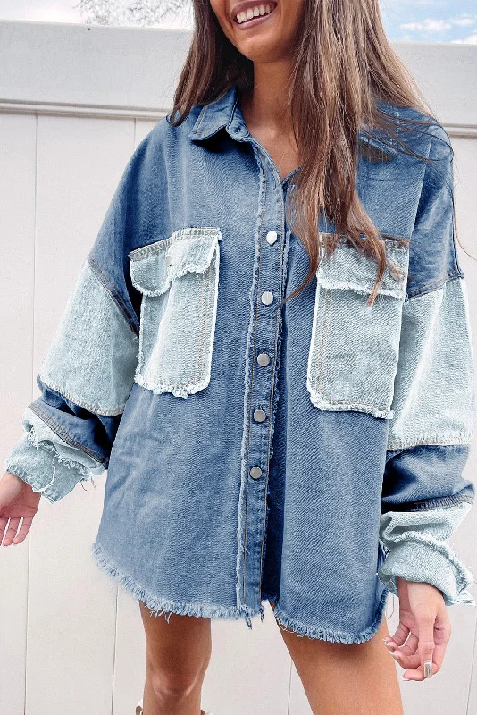 Long Sleeve Button-down Colorblock Denim Jean Jacket/Shirt Nylon Fabric Polyester Fabric Spandex Fabric Long Sleeve Button-down Colorblock Denim Jean Jacket/Shirt Nylon Fabric Polyester Fabric Spandex Fabric
