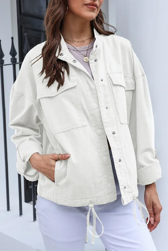 Drawstring Snap Down Dropped Shoulder Denim Jacket Denim Fabric Leather Fabric Suede Fabric Drawstring Snap Down Dropped Shoulder Denim Jacket Denim Fabric Leather Fabric Suede Fabric