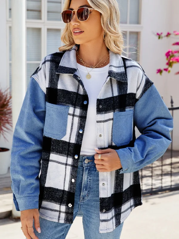 Pocketed Plaid Snap Down Denim Jacket Hooded Jacket Caped Jacket Shawl Collar Jacket Pocketed Plaid Snap Down Denim Jacket Hooded Jacket Caped Jacket Shawl Collar Jacket