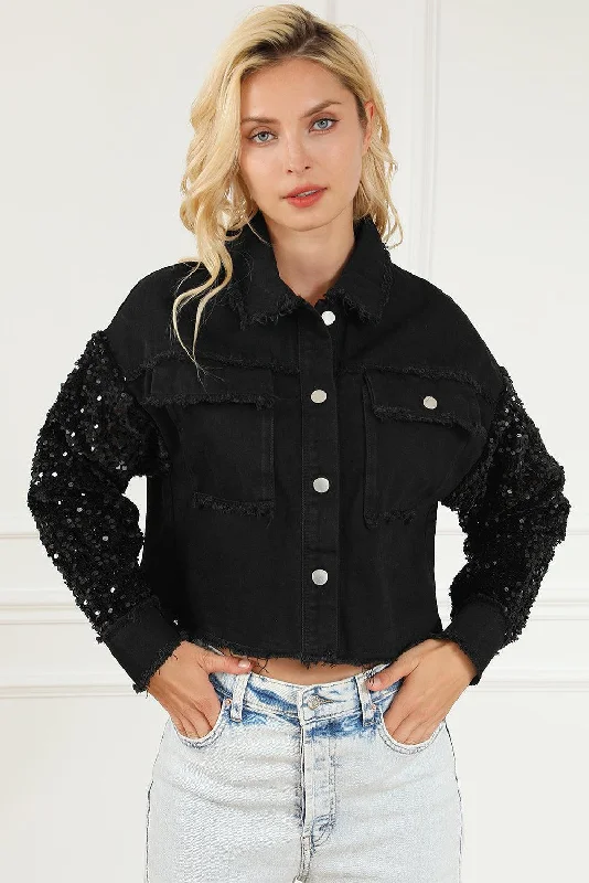 Sequin Button Up Raw Hem Denim Jacket Cardigan Sweater Pullover