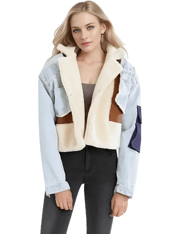 Women's Patchwork Lamb's Wool & Denim Jacket Tailored Jacket Straight Jacket A-Line Jacket Women's Patchwork Lamb's Wool & Denim Jacket Tailored Jacket Straight Jacket A-Line Jacket