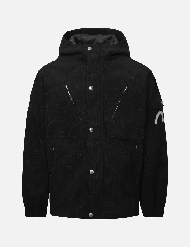 Allover Deboss Logo and Seagull Embroidery Loose Fit Hooded Corduroy Jacket Wool Fabric Cashmere Fabric Tweed Fabric Allover Deboss Logo and Seagull Embroidery Loose Fit Hooded Corduroy Jacket Wool Fabric Cashmere Fabric Tweed Fabric