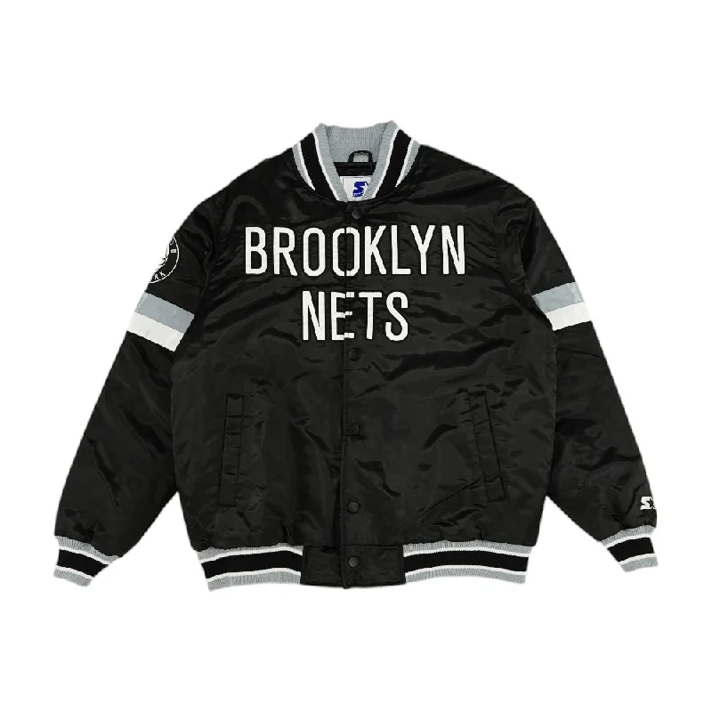 Black Brooklyn Nets Striped Varsity Jacket Nylon Fabric Polyester Fabric Spandex Fabric Black Brooklyn Nets Striped Varsity Jacket Nylon Fabric Polyester Fabric Spandex Fabric