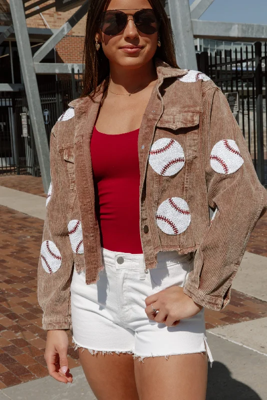 PITCH PERFECT EMBELLISHED BASEBALL CORDED JACKET IN BROWN Knit Jacket Woven Jacket Fleece Jacket PITCH PERFECT EMBELLISHED BASEBALL CORDED JACKET IN BROWN Knit Jacket Woven Jacket Fleece Jacket