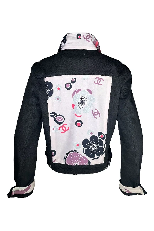 One Of A Kind Designer Scarf Jean Jacket | Black/Chanel - Flower Power Boat Neck Shawl Collar Notched Collar One Of A Kind Designer Scarf Jean Jacket | Black/Chanel - Flower Power Boat Neck Shawl Collar Notched Collar