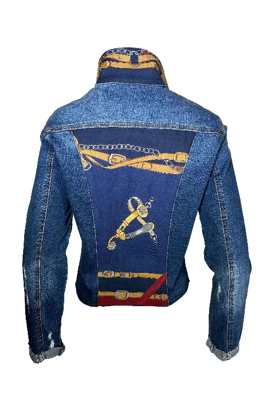 One Of A Kind Designer Scarf Jean Jacket | Denim/Gucci - Straps on Navy Herringbone Jacket Checkered Jacket Solid Jacket One Of A Kind Designer Scarf Jean Jacket | Denim/Gucci - Straps on Navy Herringbone Jacket Checkered Jacket Solid Jacket