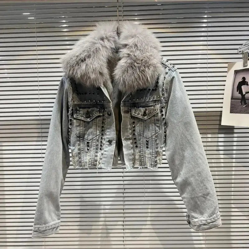 FZ Women's High Street Single-breasted Fox Fur Collar Rivet Liner Denim Jacket Toggled Jacket Drawstring Jacket Belted Jacket FZ Women's High Street Single-breasted Fox Fur Collar Rivet Liner Denim Jacket Toggled Jacket Drawstring Jacket Belted Jacket