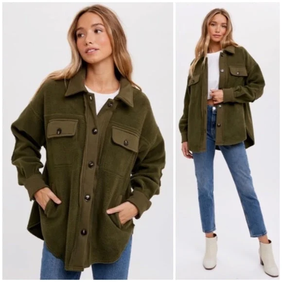 Olive Green Button Front Fleece Jacket W/ Elbow Patches & Pockets Winter Shacket Collared Jacket Crew Neck Jacket Turtle Neck Jacket Olive Green Button Front Fleece Jacket W/ Elbow Patches & Pockets Winter Shacket Collared Jacket Crew Neck Jacket Turtle Neck Jacket