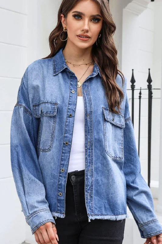 Raw Hem Pocketed Collared Neck Denim Jacket Wool Jacket Cashmere Jacket Tweed Jacket Raw Hem Pocketed Collared Neck Denim Jacket Wool Jacket Cashmere Jacket Tweed Jacket